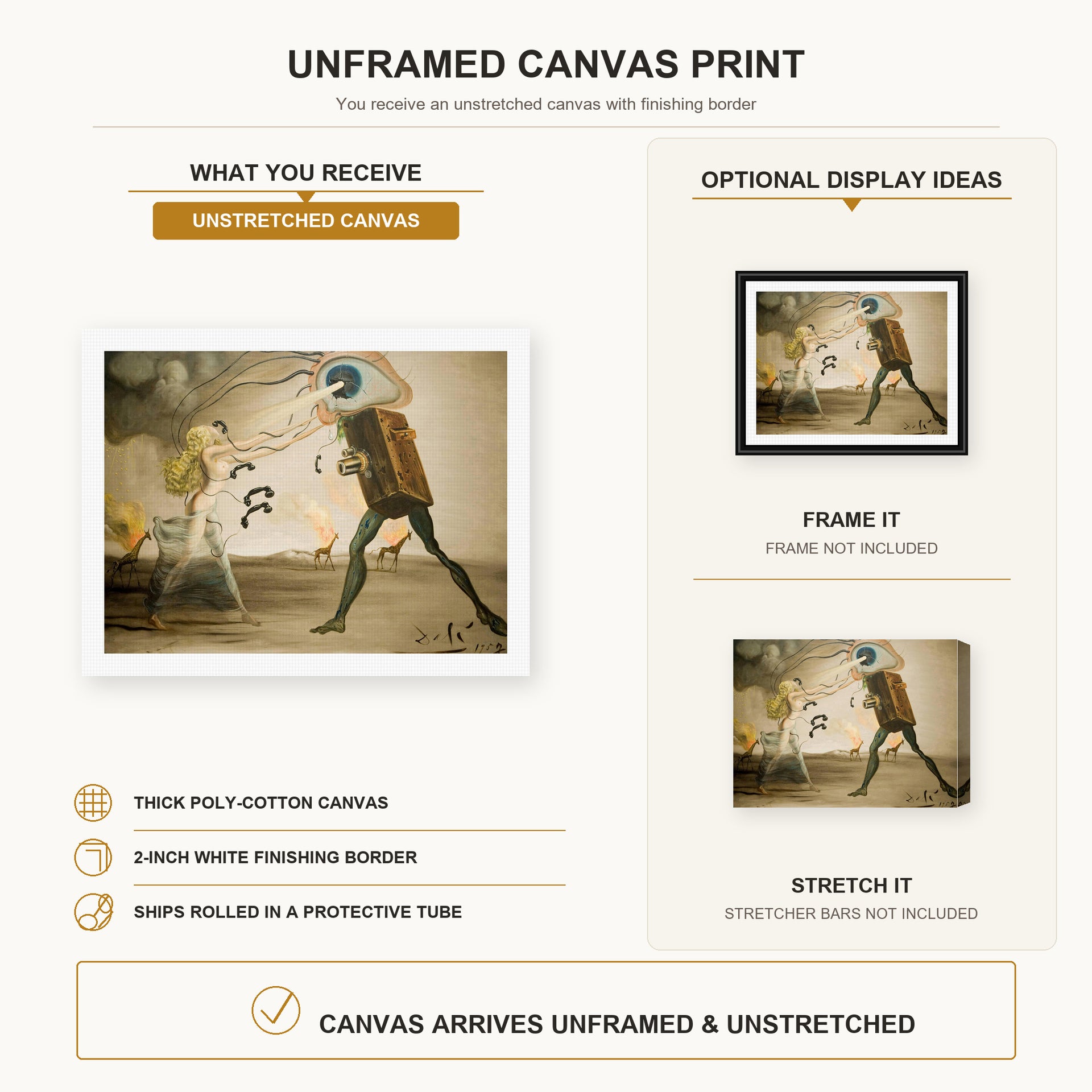 Salvador Dali - Burning Giraffes and Telephones canvas print size comparison and framing display infographic