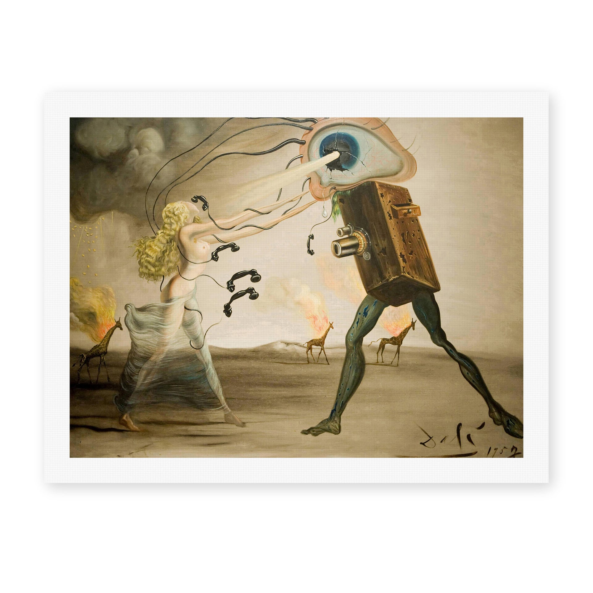 Salvador Dali's 'Burning Giraffes and Telephones' painting reproduced as a rolled canvas print