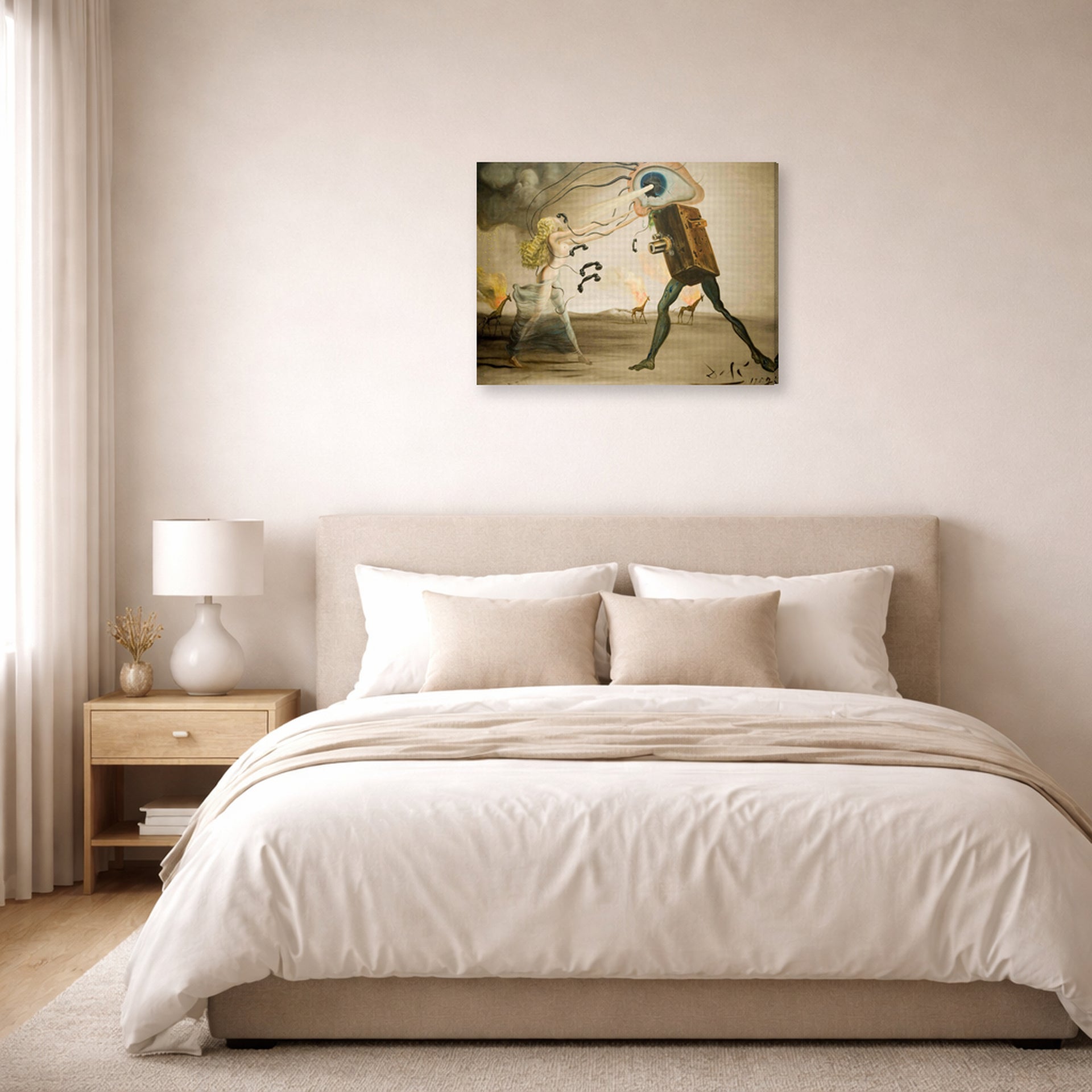 Gallery-wrapped canvas print of Salvador Dali's Burning Giraffes and Telephones displayed on a wall in a bedroom