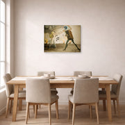 Gallery-wrapped canvas print of Salvador Dali's Burning Giraffes and Telephones displayed on a wall in a dining room