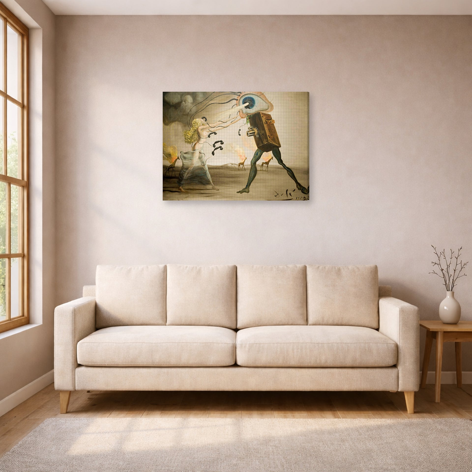 Gallery-wrapped canvas print of Salvador Dali's Burning Giraffes and Telephones displayed on a wall in a living room