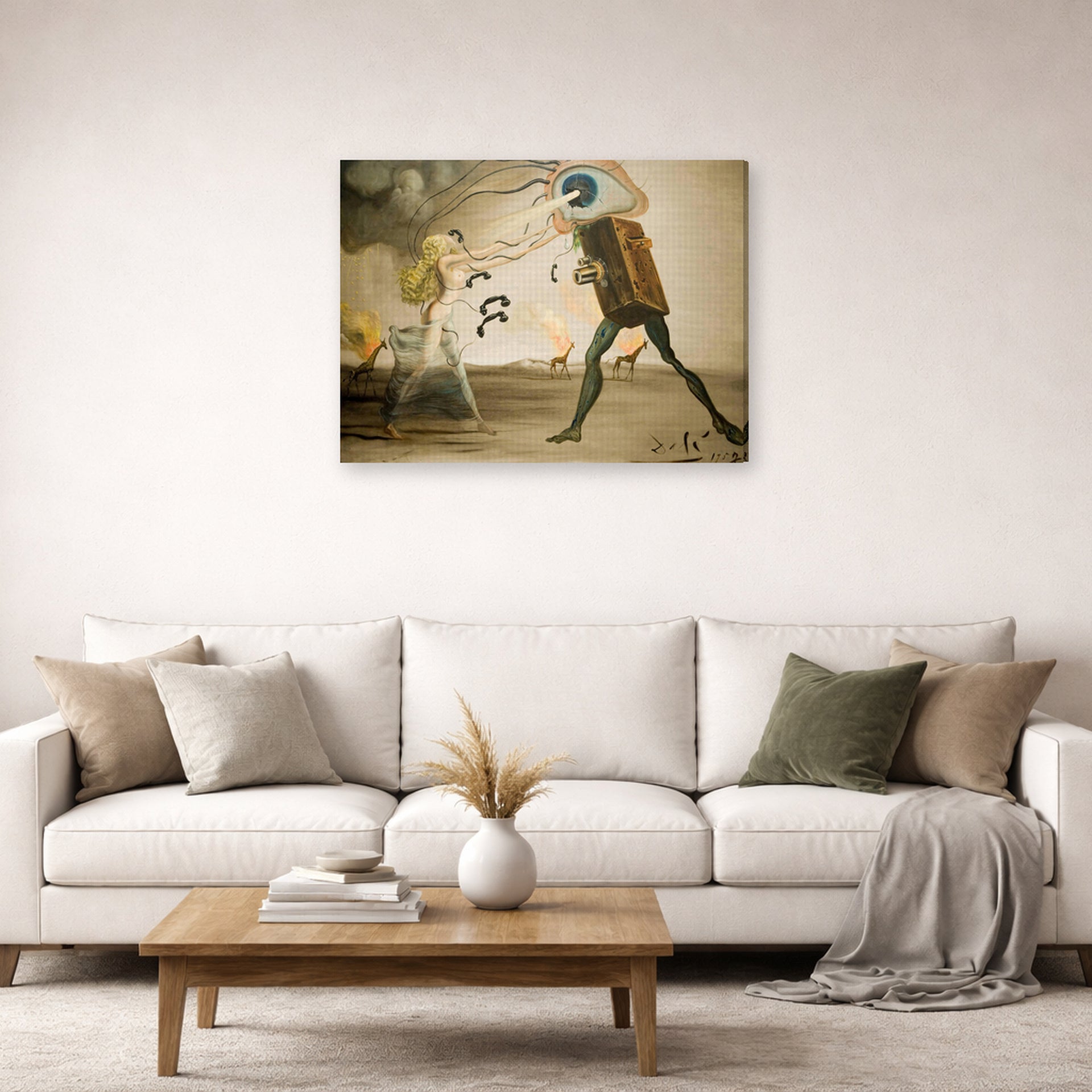 Gallery-wrapped canvas print of Salvador Dali's Burning Giraffes and Telephones displayed on a wall in a living room