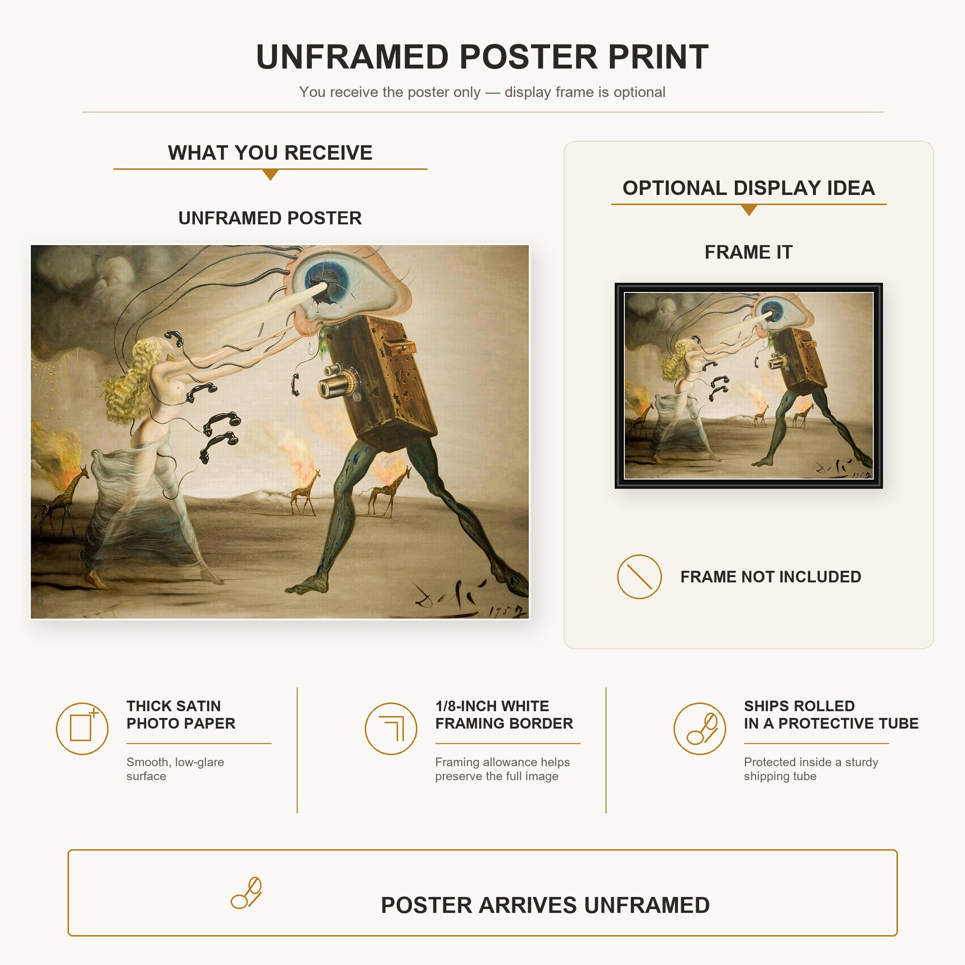 Salvador Dali - Burning Giraffes and Telephones poster print size comparison and framing display infographic