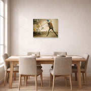Unframed poster print of Salvador Dali's Burning Giraffes and Telephones displayed on a wall in a dining room