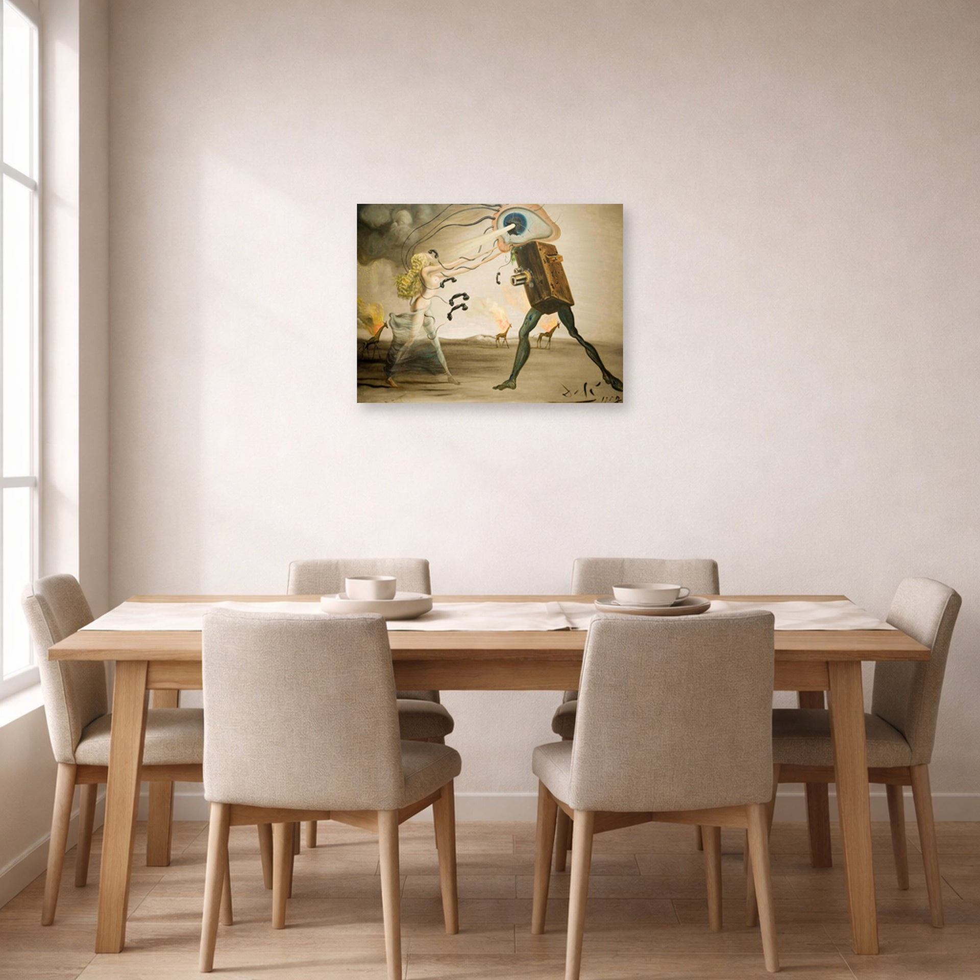 Unframed poster print of Salvador Dali's Burning Giraffes and Telephones displayed on a wall in a dining room