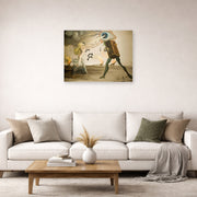 Unframed poster print of Salvador Dali's Burning Giraffes and Telephones displayed on a wall in a living room