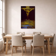 Gallery-wrapped canvas print of Salvador Dali's Christ of St. John of the Cross displayed on a wall in a dining room