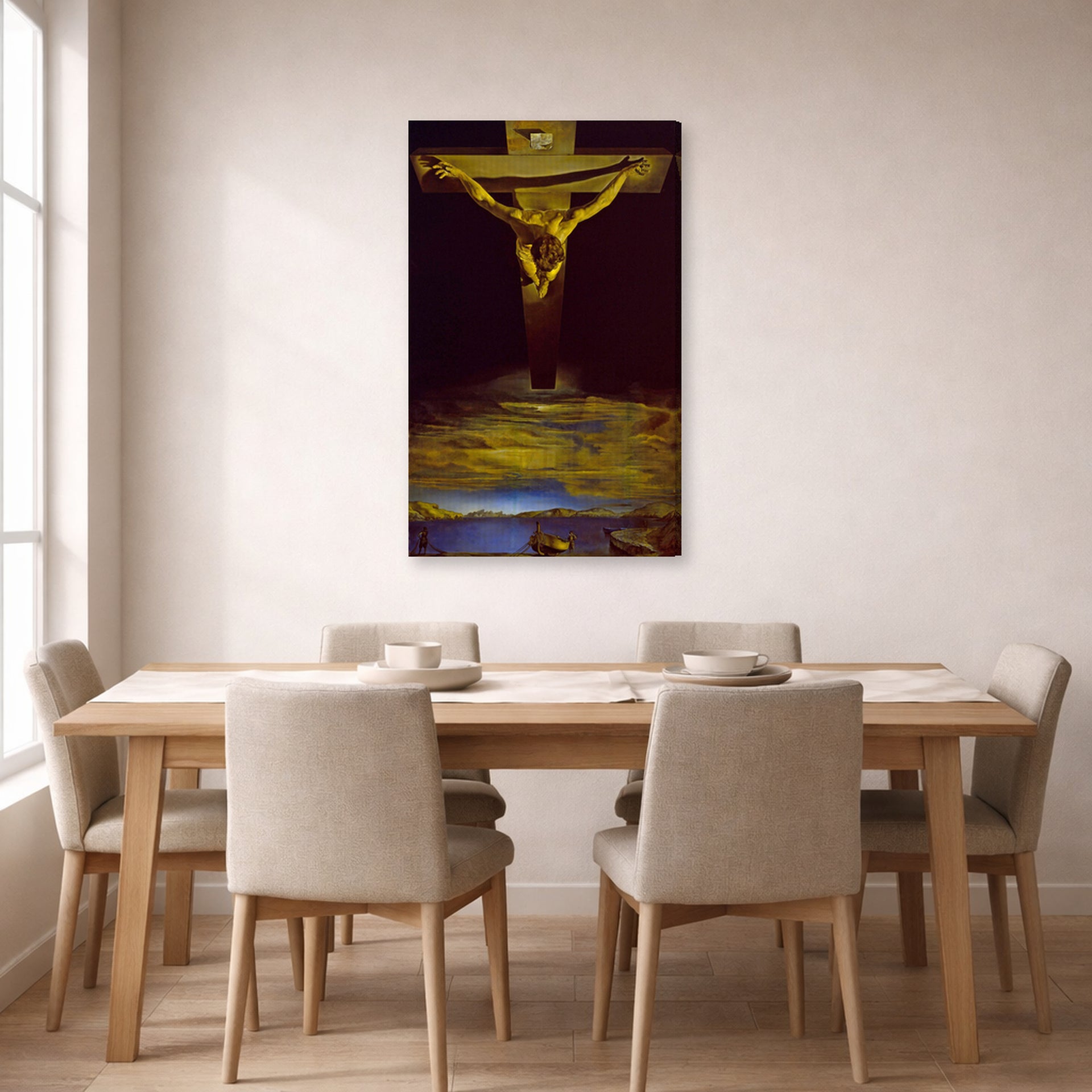 Gallery-wrapped canvas print of Salvador Dali's Christ of St. John of the Cross displayed on a wall in a dining room