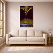 Gallery-wrapped canvas print of Salvador Dali's Christ of St. John of the Cross displayed on a wall in a living room