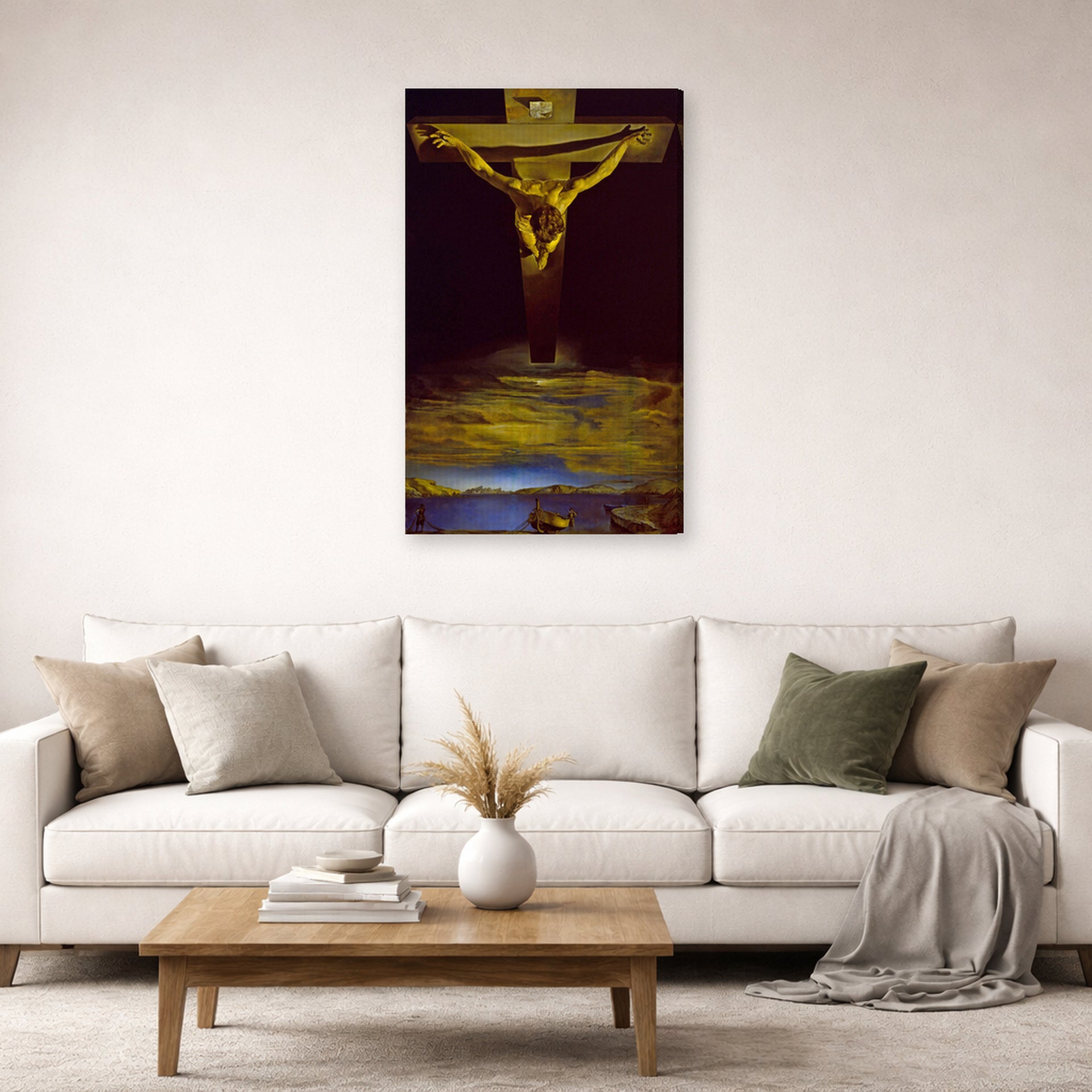 Gallery-wrapped canvas print of Salvador Dali's Christ of St. John of the Cross displayed on a wall in a living room