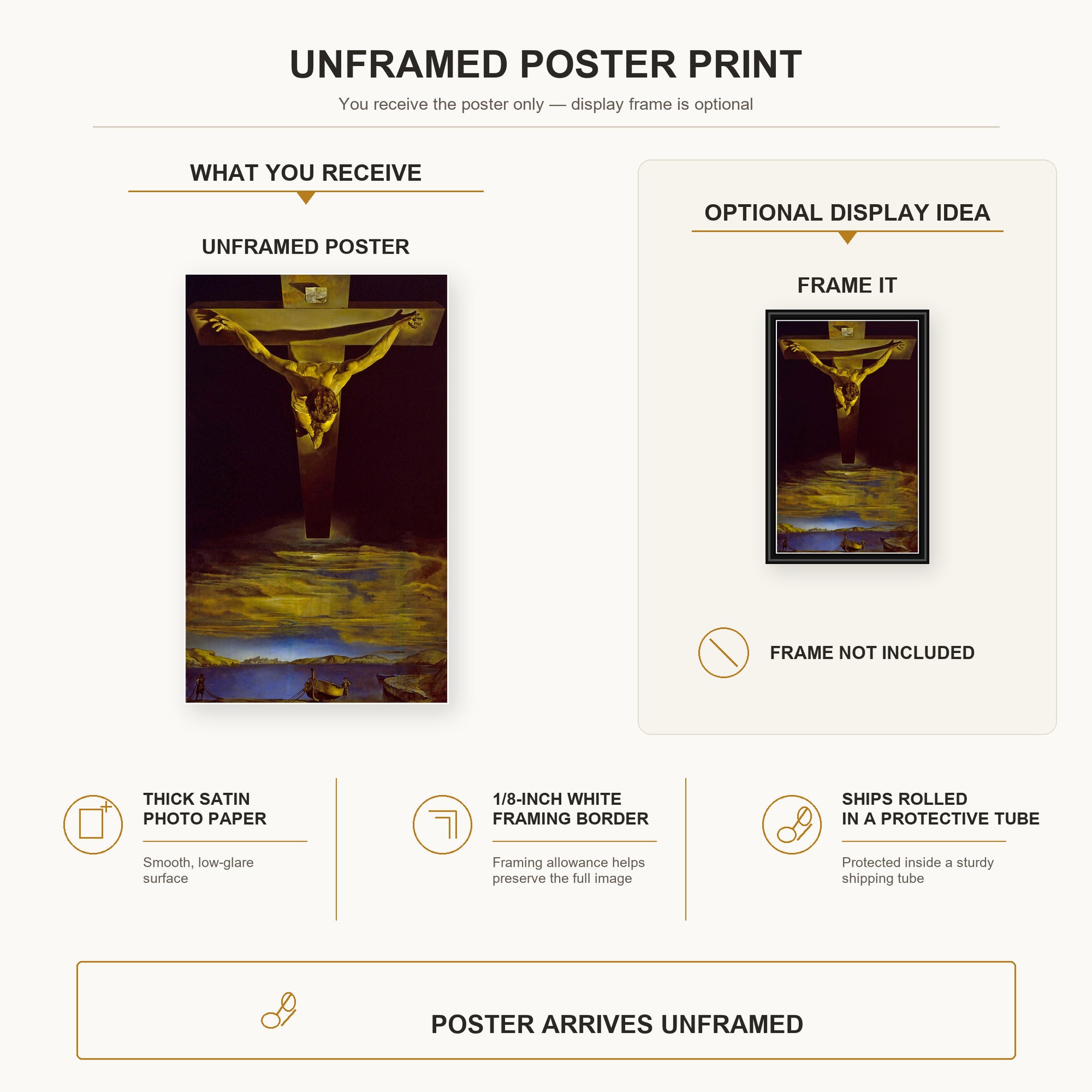 Salvador Dali - Christ of St. John of the Cross poster print size comparison and framing display infographic