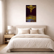 Unframed poster print of Salvador Dali's Christ of St. John of the Cross displayed on a wall in a bedroom
