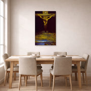 Unframed poster print of Salvador Dali's Christ of St. John of the Cross displayed on a wall in a dining room