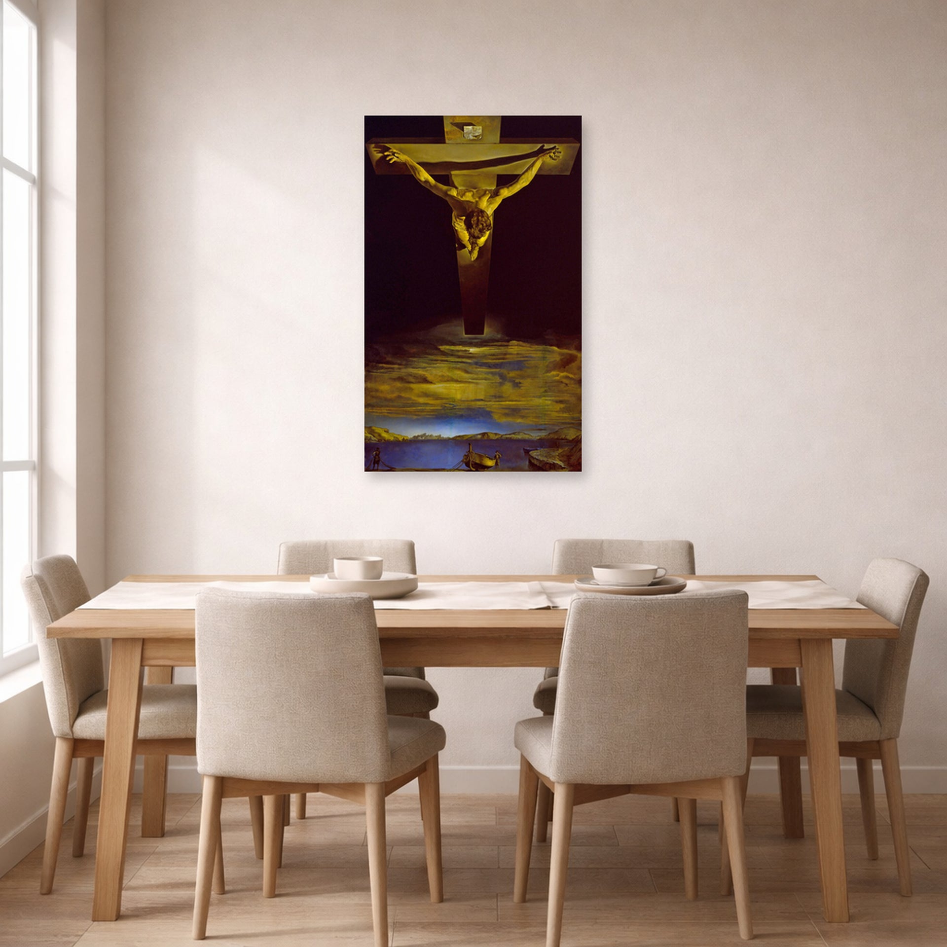 Unframed poster print of Salvador Dali's Christ of St. John of the Cross displayed on a wall in a dining room