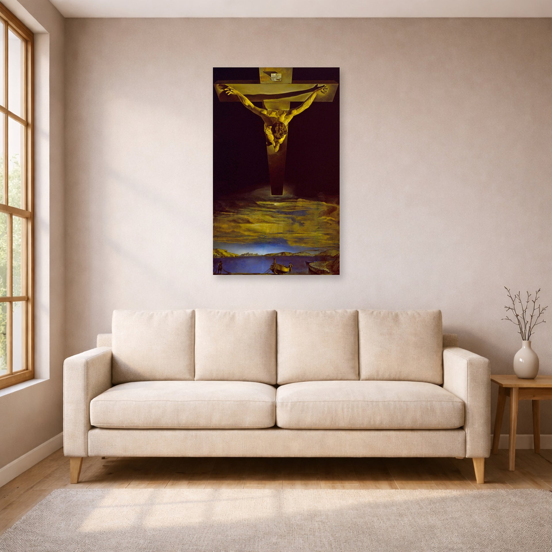 Unframed poster print of Salvador Dali's Christ of St. John of the Cross displayed on a wall in a living room