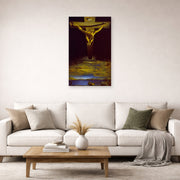 Unframed poster print of Salvador Dali's Christ of St. John of the Cross displayed on a wall in a living room