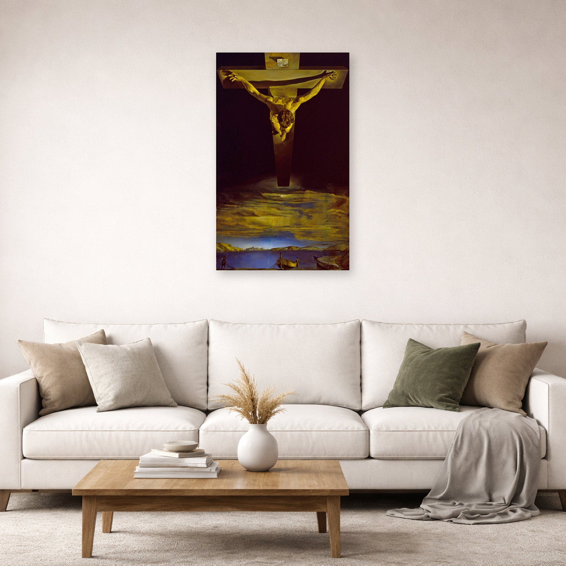 Unframed poster print of Salvador Dali's Christ of St. John of the Cross displayed on a wall in a living room