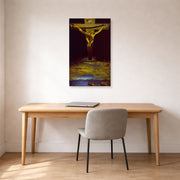 Unframed poster print of Salvador Dali's Christ of St. John of the Cross displayed on a wall in a office