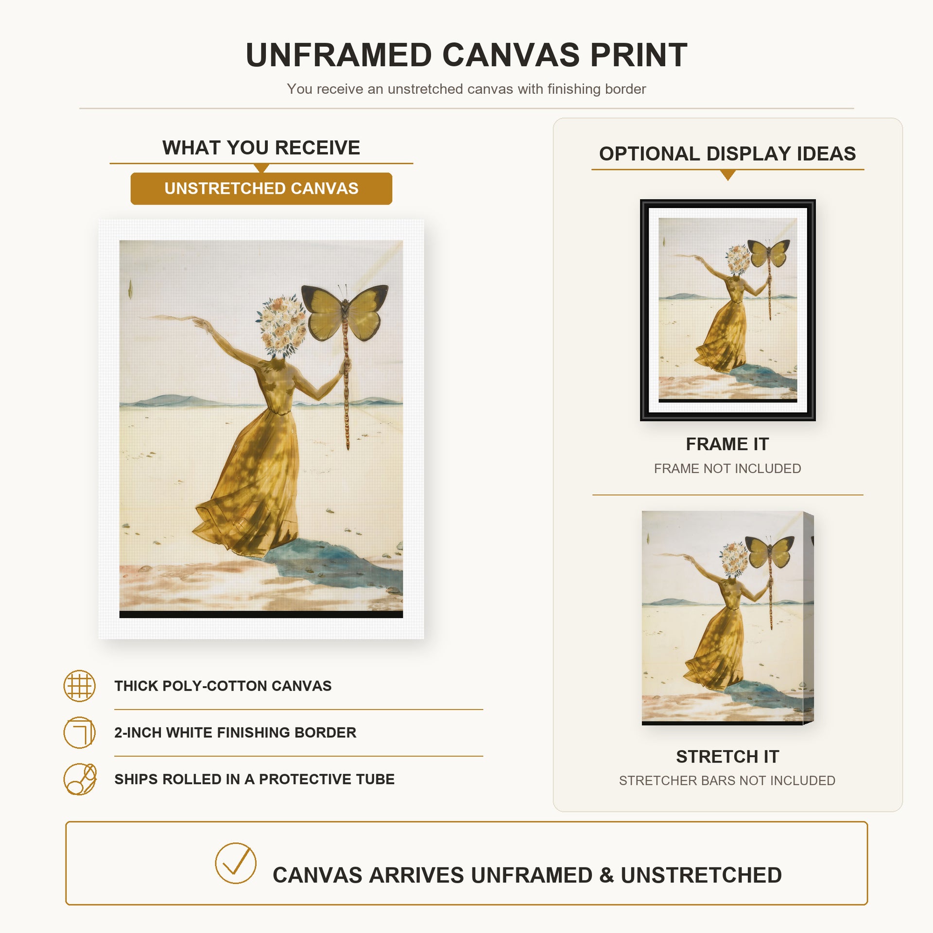 Salvador Dali - Crisalida (Femme a la Tete de Fleurs, le Bras Droit Leve) canvas print size comparison and framing display infographic