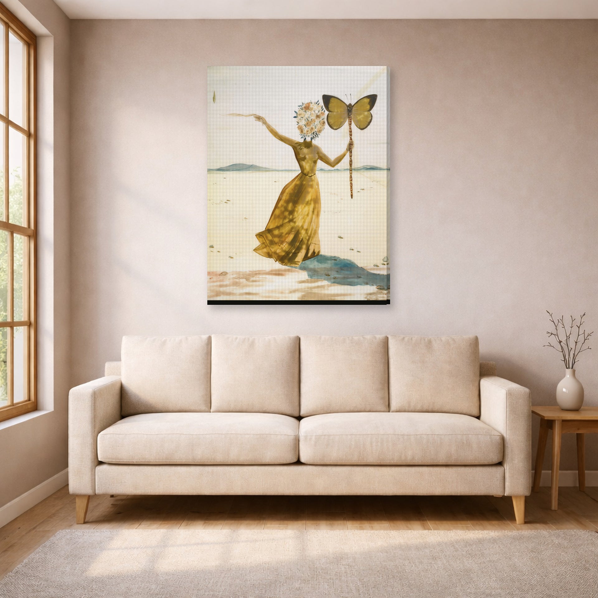 Gallery-wrapped canvas print of Salvador Dali's Crisalida (Femme a la Tete de Fleurs, le Bras Droit Leve) displayed on a wall in a living room