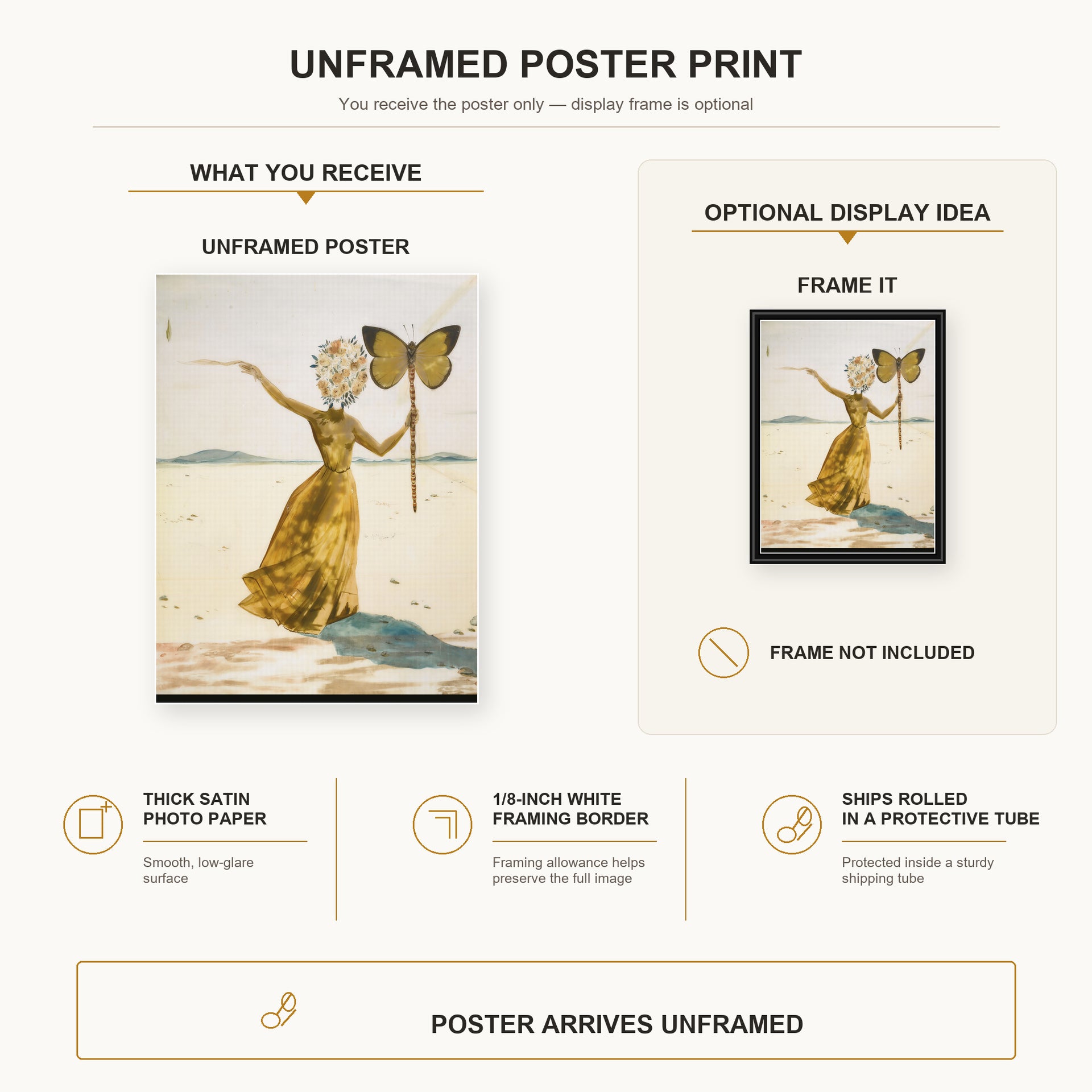 Salvador Dali - Crisalida (Femme a la Tete de Fleurs, le Bras Droit Leve) poster print size comparison and framing display infographic