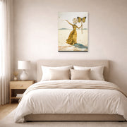 Unframed poster print of Salvador Dali's Crisalida (Femme a la Tete de Fleurs, le Bras Droit Leve) displayed on a wall in a bedroom