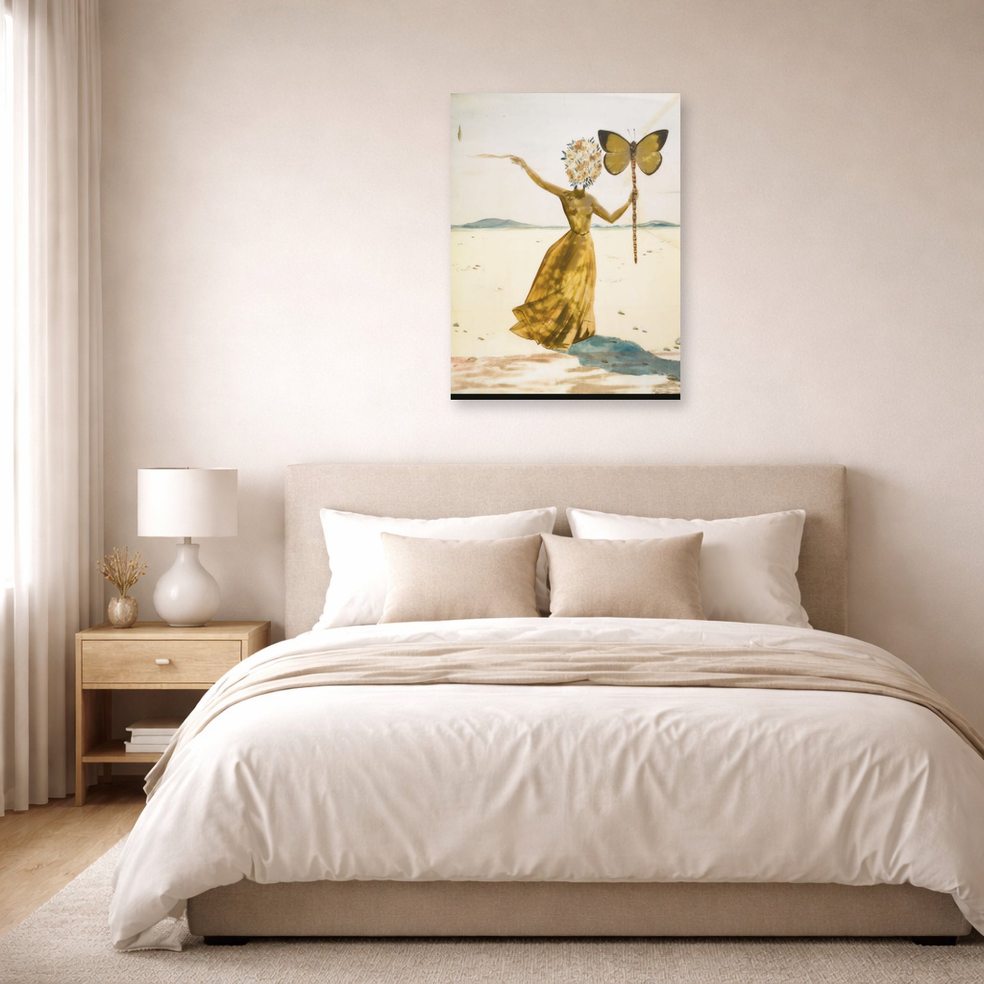 Unframed poster print of Salvador Dali's Crisalida (Femme a la Tete de Fleurs, le Bras Droit Leve) displayed on a wall in a bedroom