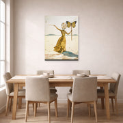 Unframed poster print of Salvador Dali's Crisalida (Femme a la Tete de Fleurs, le Bras Droit Leve) displayed on a wall in a dining room