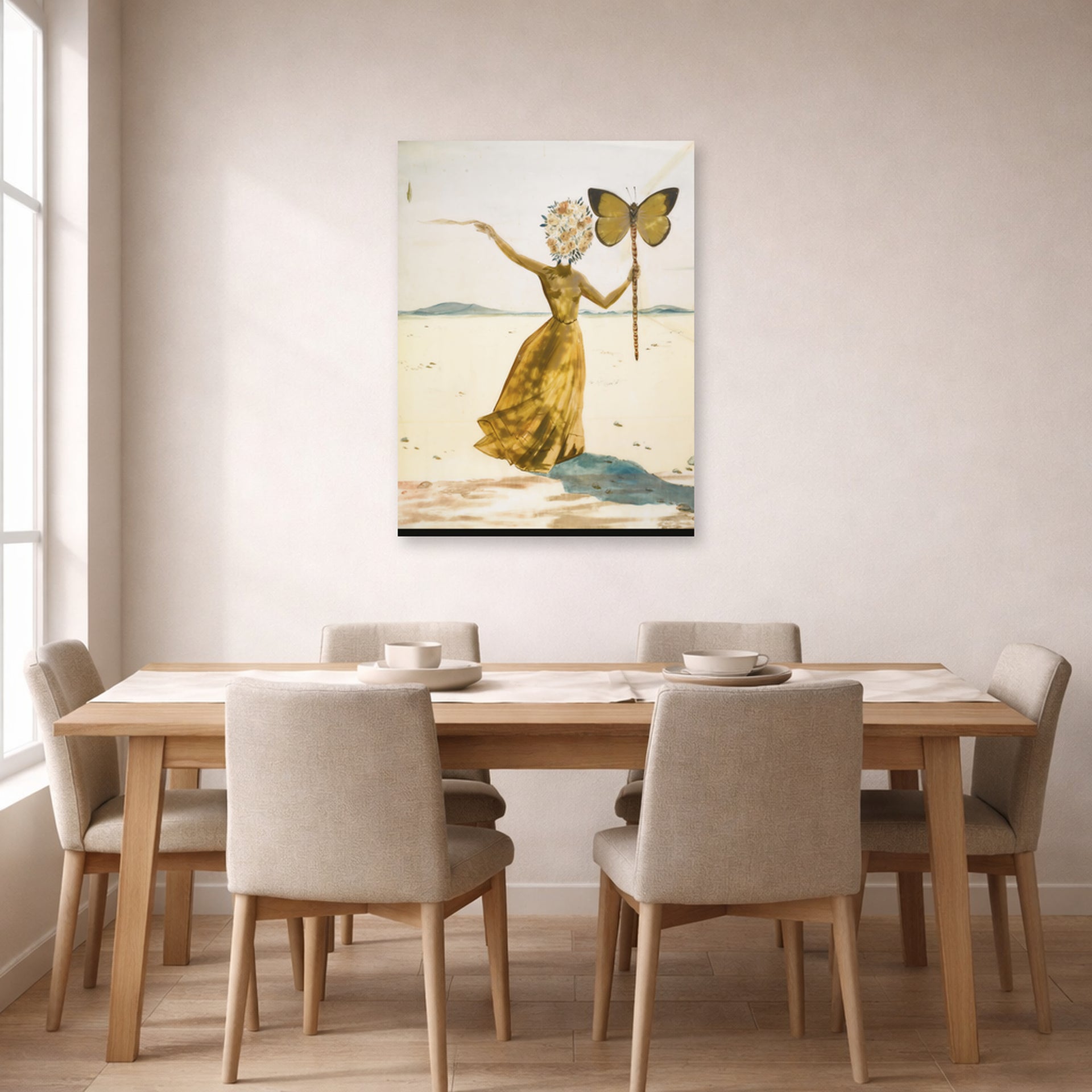 Unframed poster print of Salvador Dali's Crisalida (Femme a la Tete de Fleurs, le Bras Droit Leve) displayed on a wall in a dining room