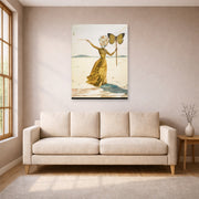 Unframed poster print of Salvador Dali's Crisalida (Femme a la Tete de Fleurs, le Bras Droit Leve) displayed on a wall in a living room