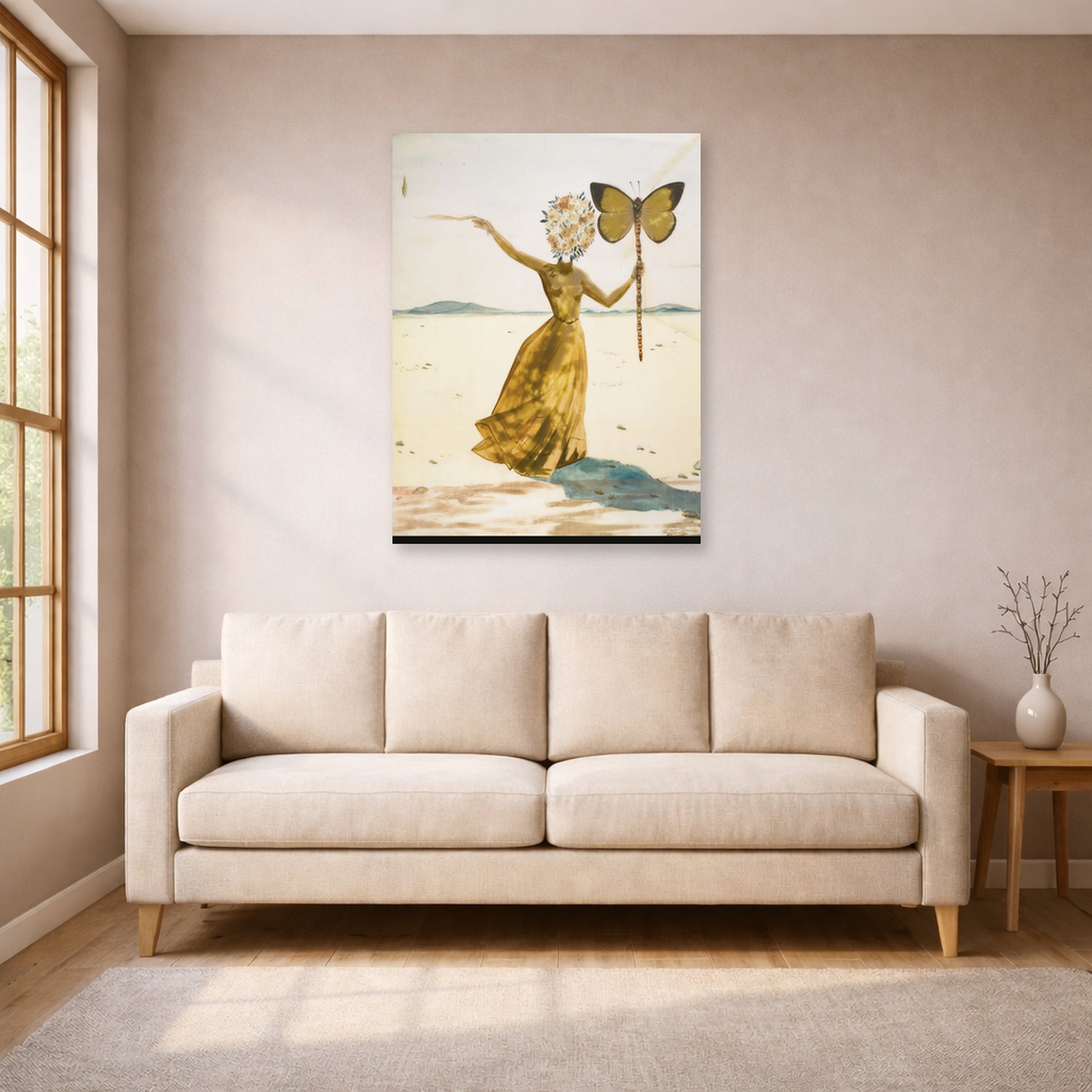 Unframed poster print of Salvador Dali's Crisalida (Femme a la Tete de Fleurs, le Bras Droit Leve) displayed on a wall in a living room