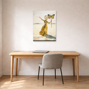 Unframed poster print of Salvador Dali's Crisalida (Femme a la Tete de Fleurs, le Bras Droit Leve) displayed on a wall in a office