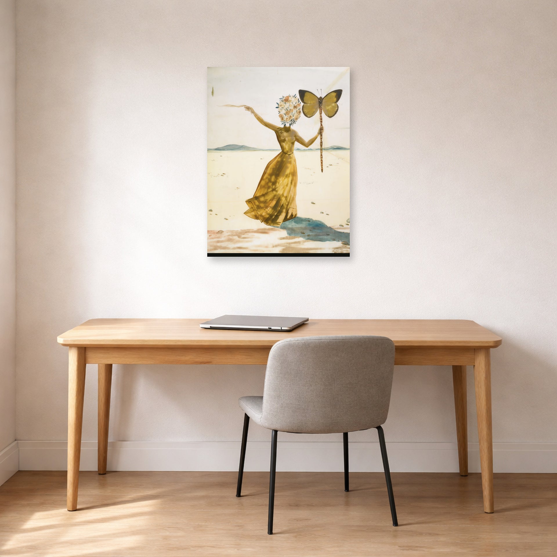 Unframed poster print of Salvador Dali's Crisalida (Femme a la Tete de Fleurs, le Bras Droit Leve) displayed on a wall in a office