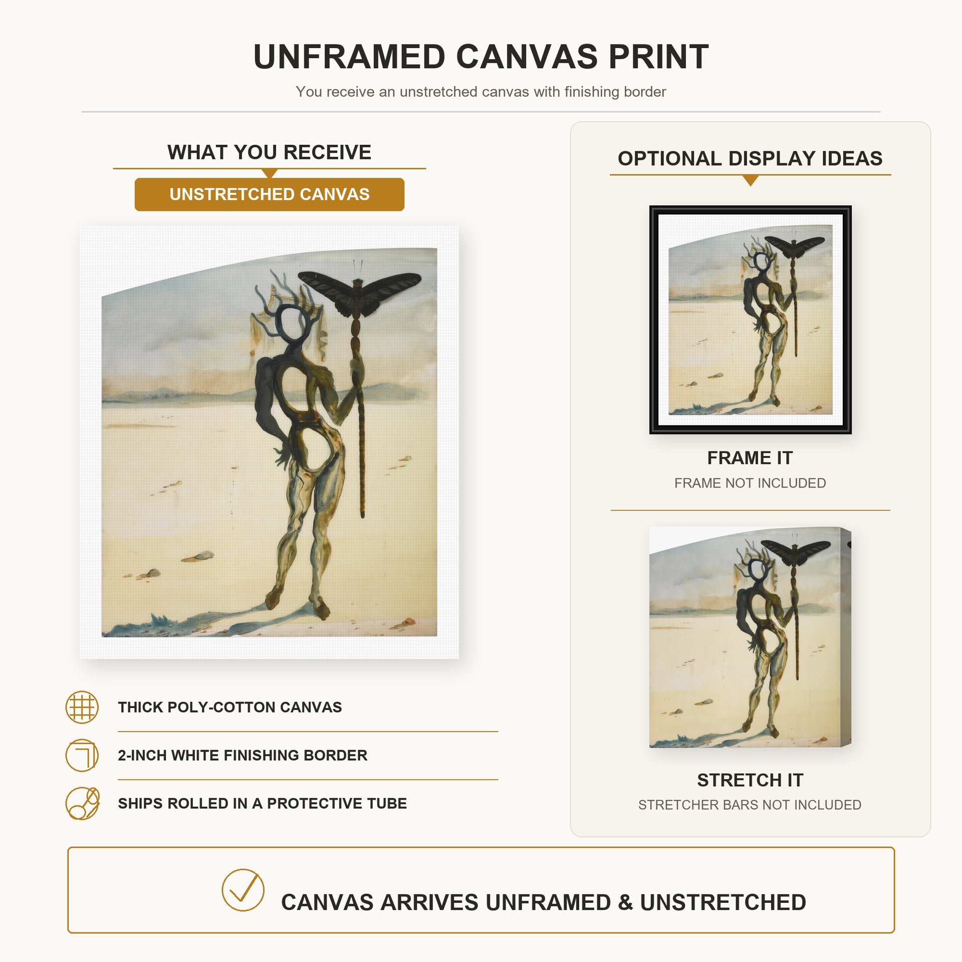 Salvador Dali - Crisalida Figure Aux Ramures canvas print size comparison and framing display infographic