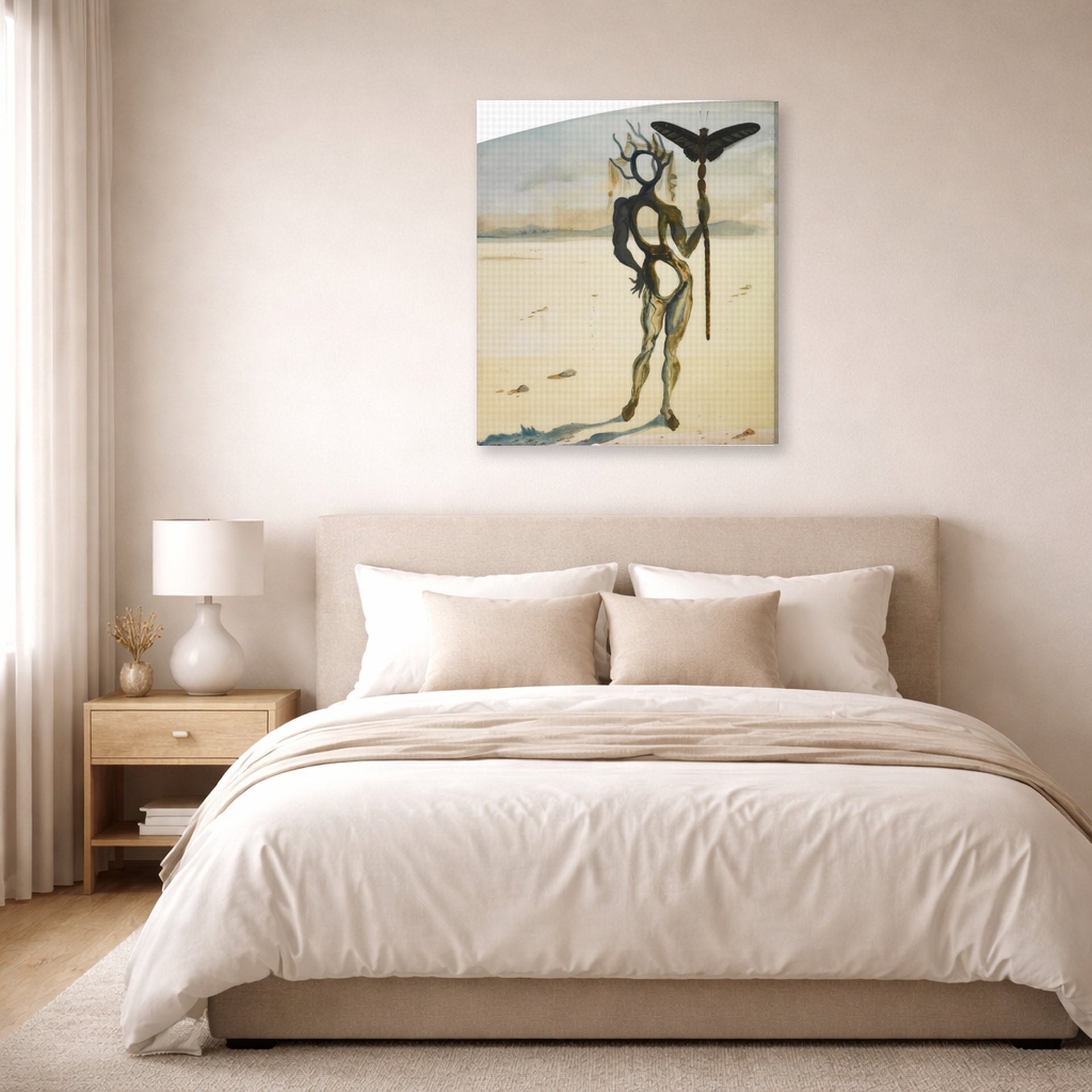 Gallery-wrapped canvas print of Salvador Dali's Crisalida Figure Aux Ramures displayed on a wall in a bedroom