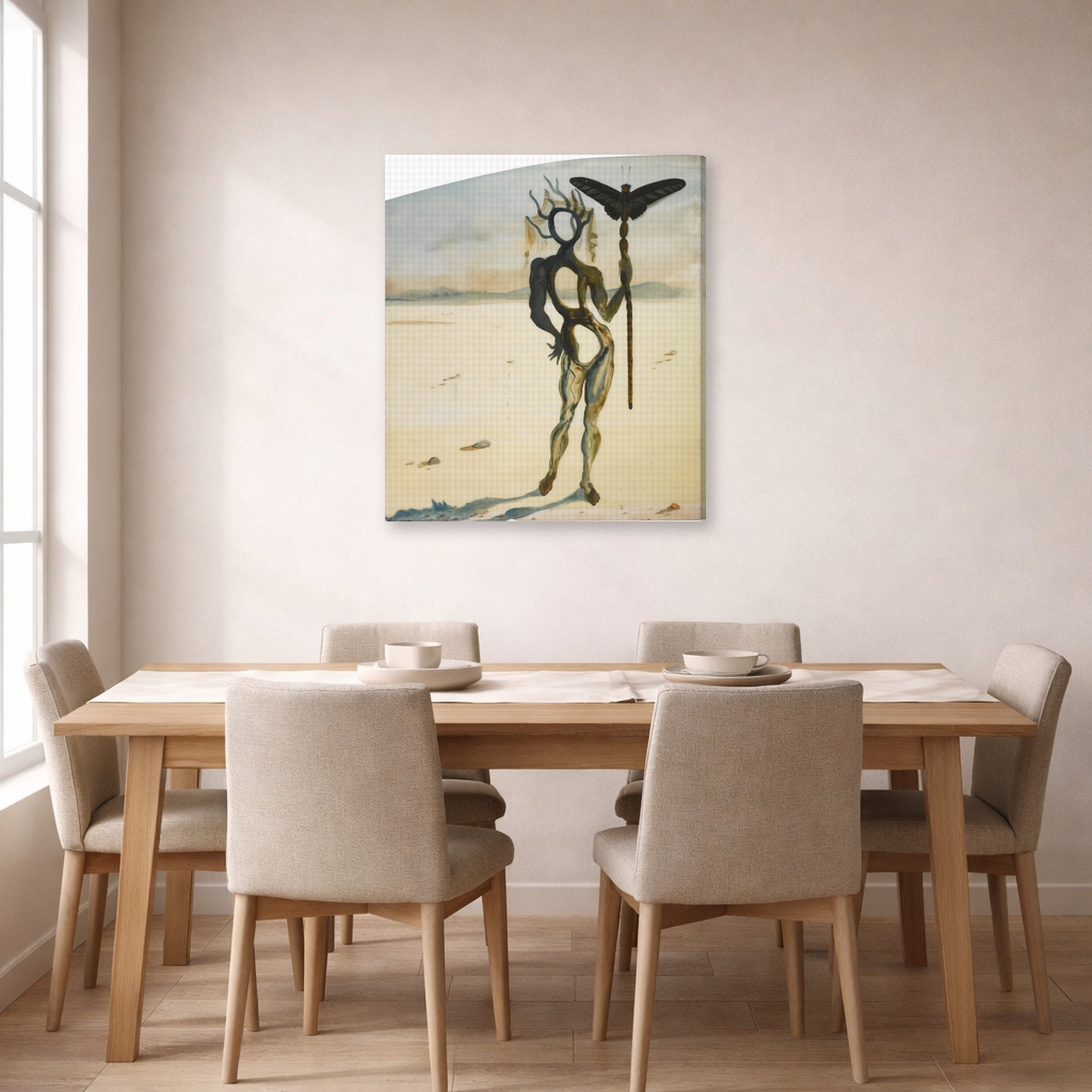 Gallery-wrapped canvas print of Salvador Dali's Crisalida Figure Aux Ramures displayed on a wall in a dining room