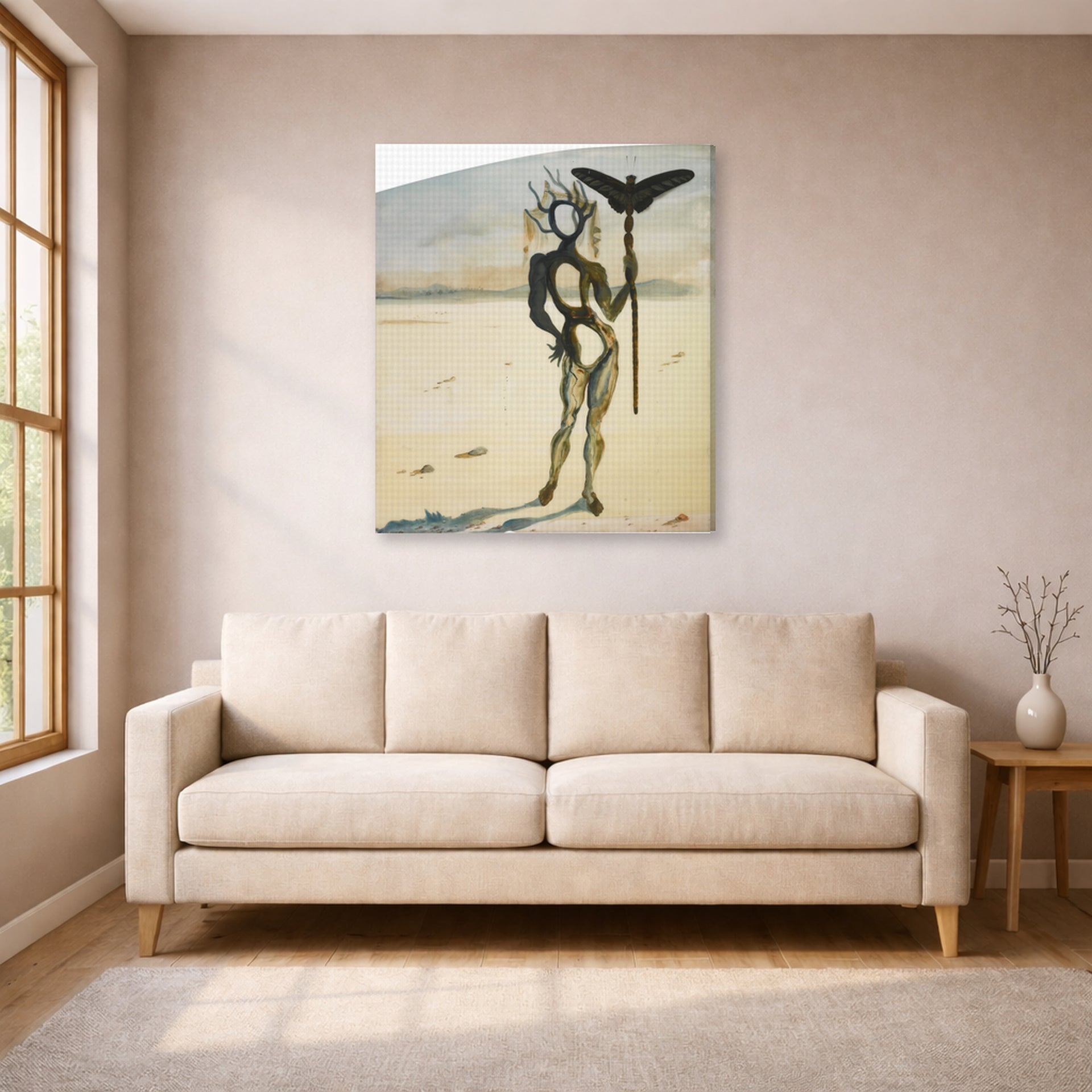 Gallery-wrapped canvas print of Salvador Dali's Crisalida Figure Aux Ramures displayed on a wall in a living room