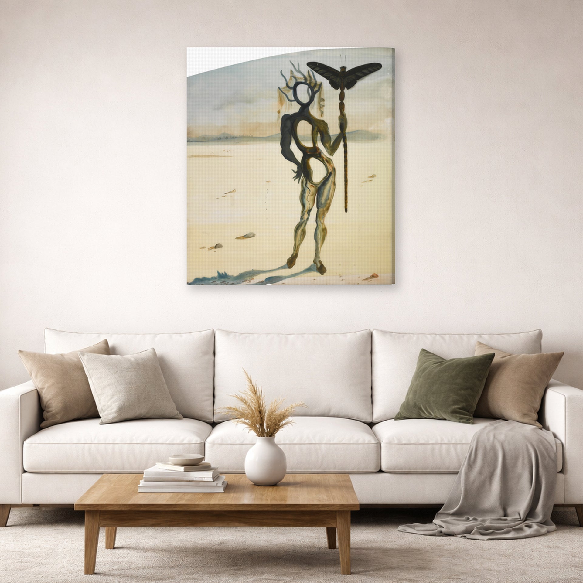 Gallery-wrapped canvas print of Salvador Dali's Crisalida Figure Aux Ramures displayed on a wall in a living room
