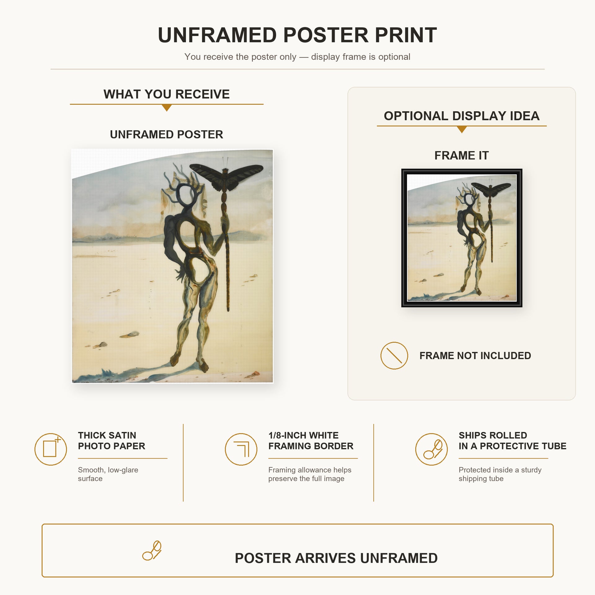 Salvador Dali - Crisalida Figure Aux Ramures poster print size comparison and framing display infographic