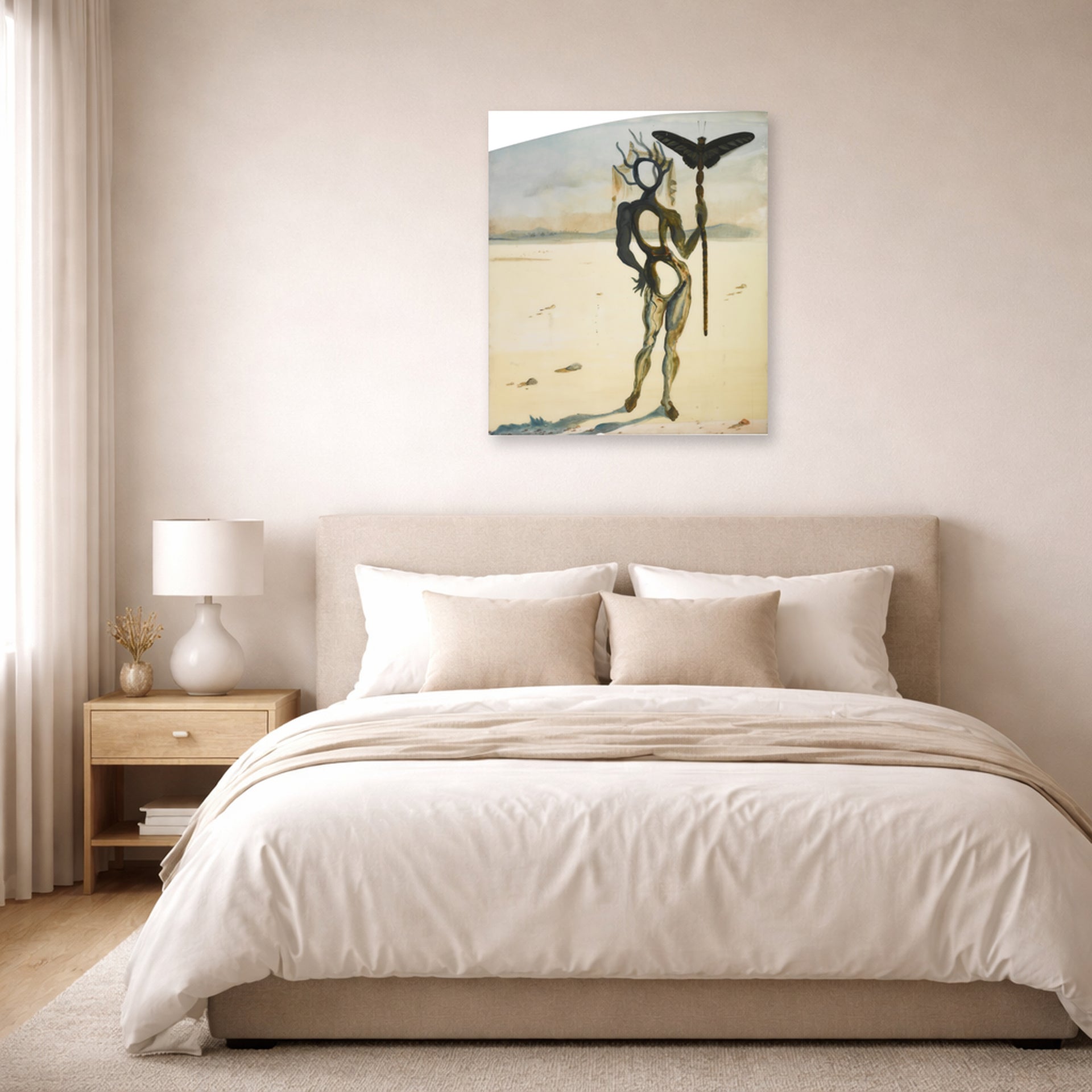 Unframed poster print of Salvador Dali's Crisalida Figure Aux Ramures displayed on a wall in a bedroom