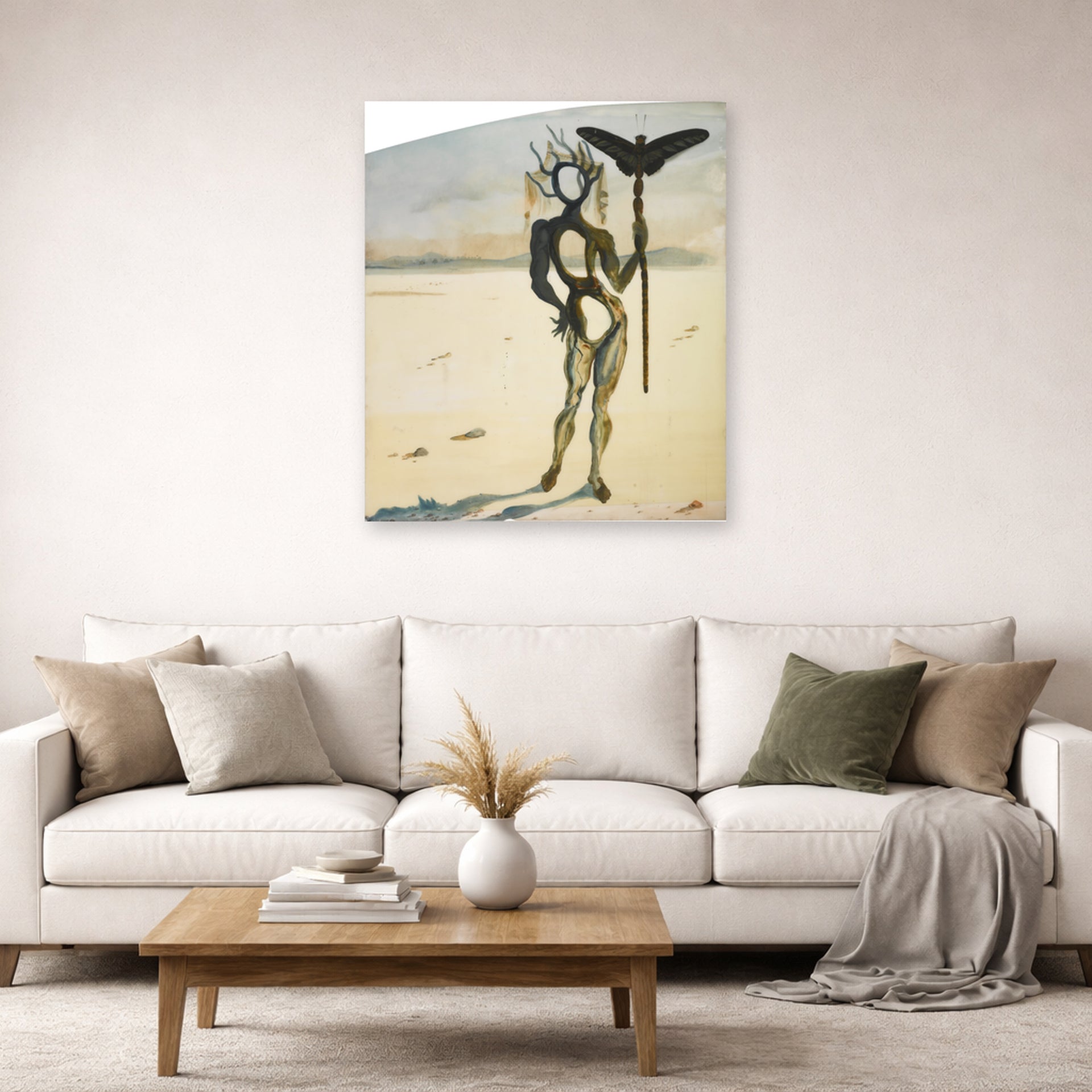 Unframed poster print of Salvador Dali's Crisalida Figure Aux Ramures displayed on a wall in a living room