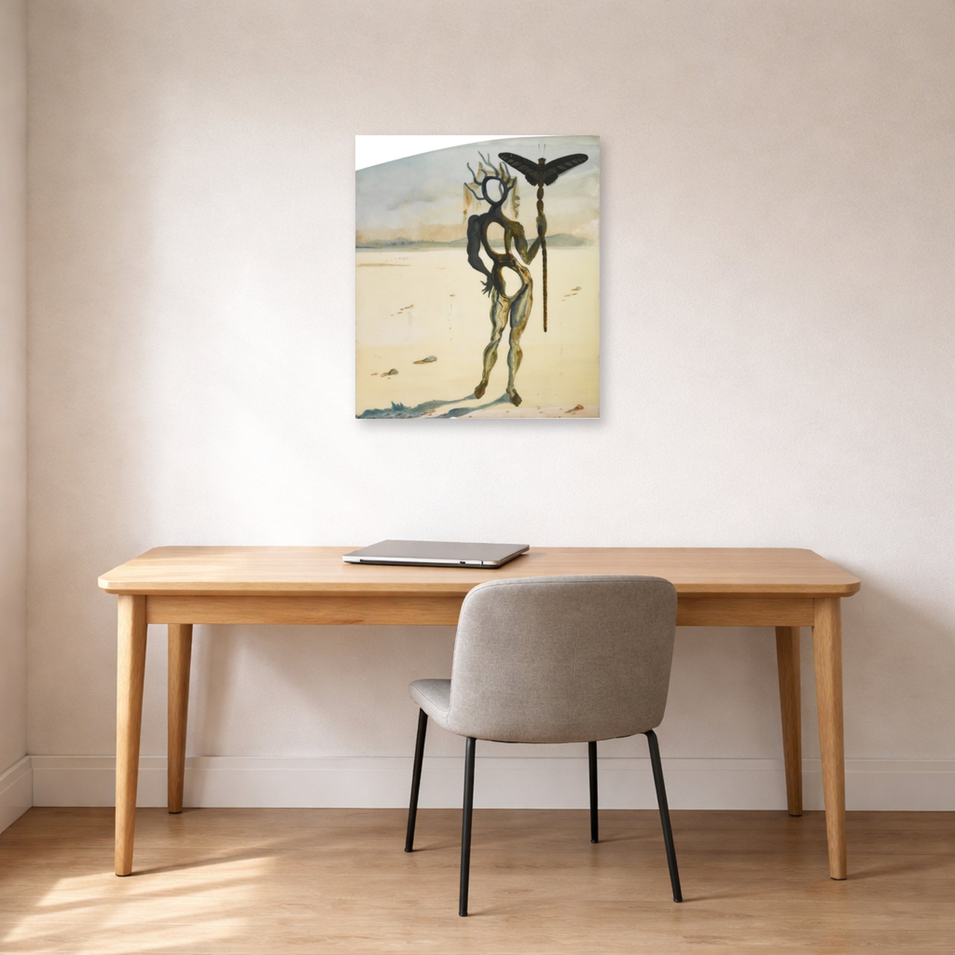 Unframed poster print of Salvador Dali's Crisalida Figure Aux Ramures displayed on a wall in a office