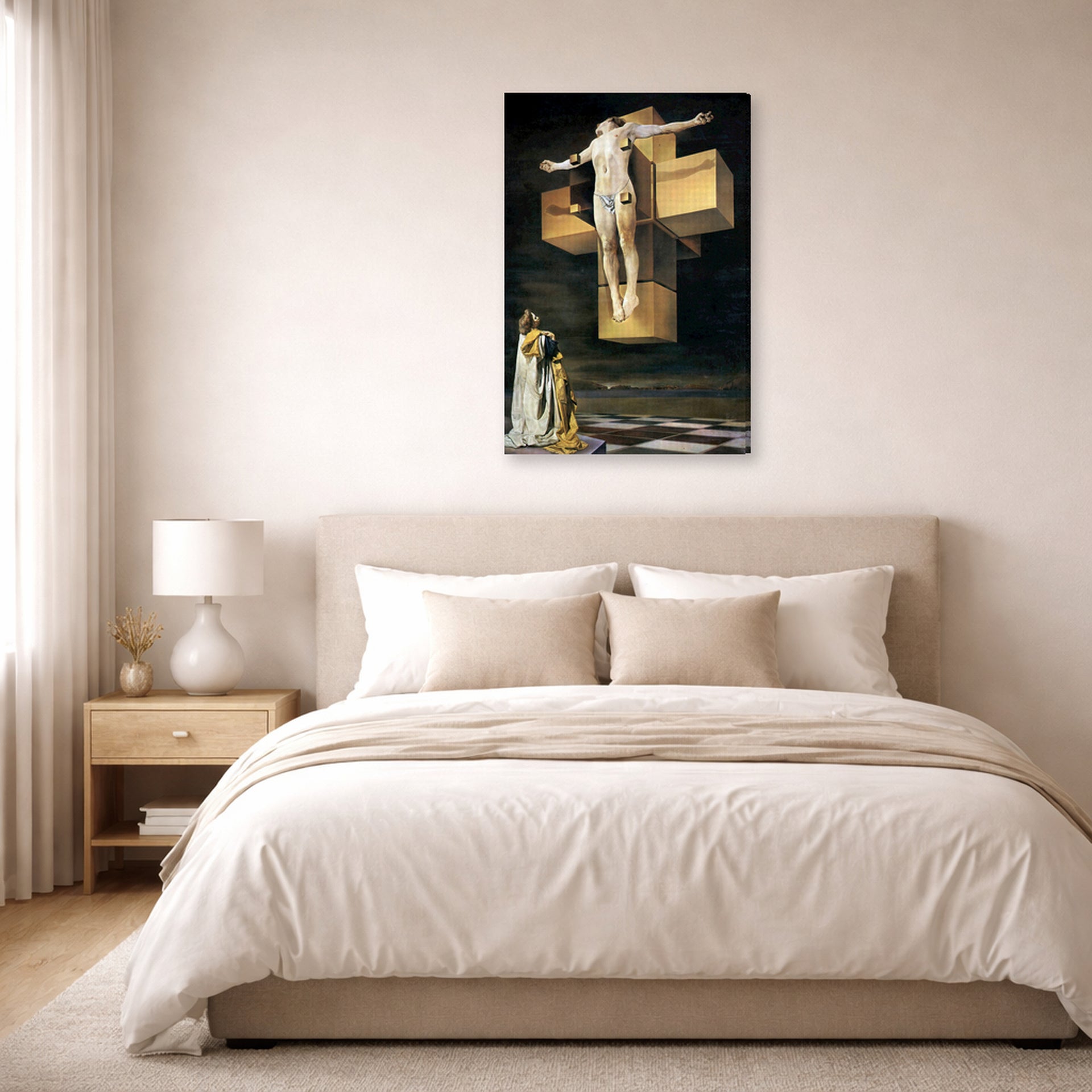 Gallery-wrapped canvas print of Salvador Dali's Crucifixion displayed on a wall in a bedroom