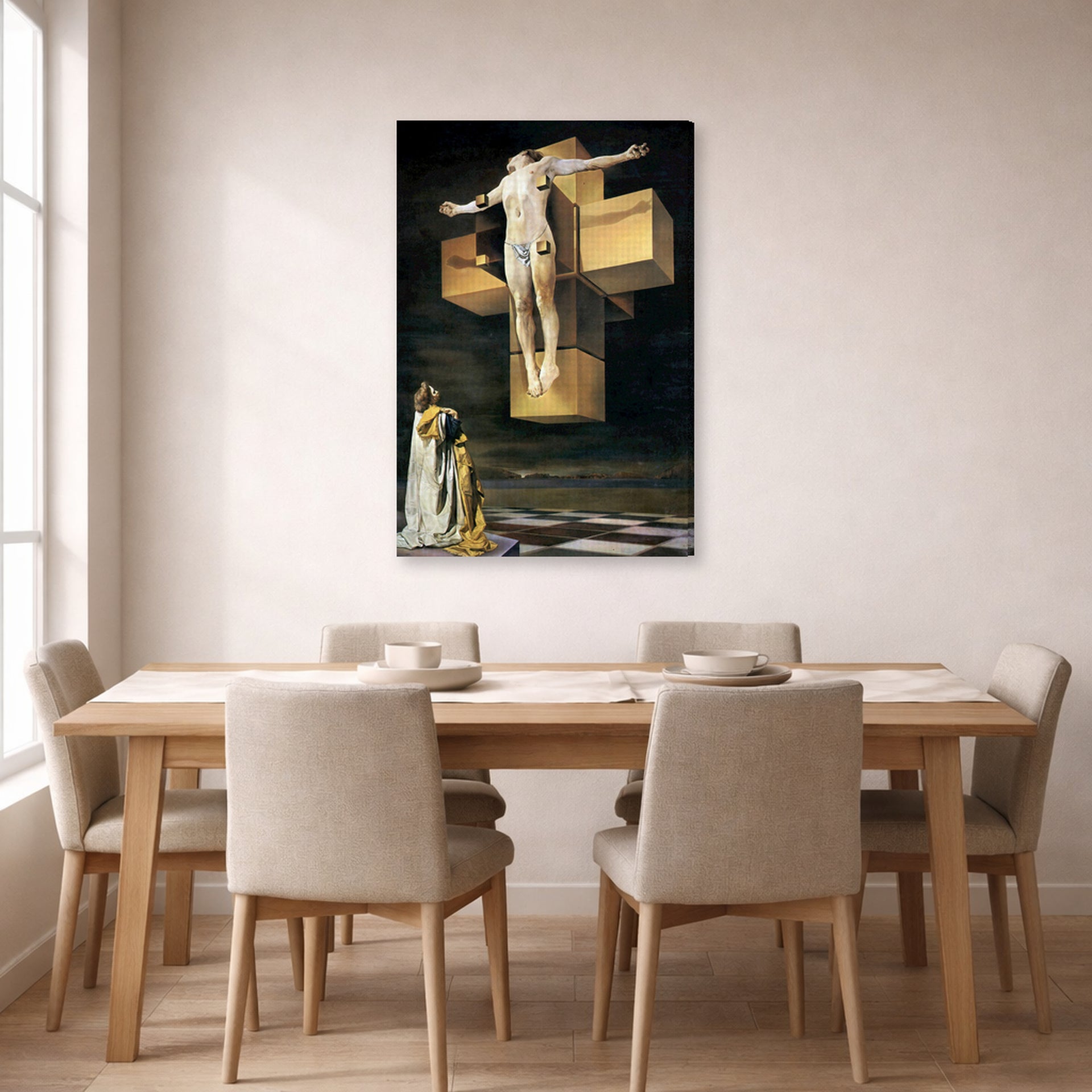 Gallery-wrapped canvas print of Salvador Dali's Crucifixion displayed on a wall in a dining room