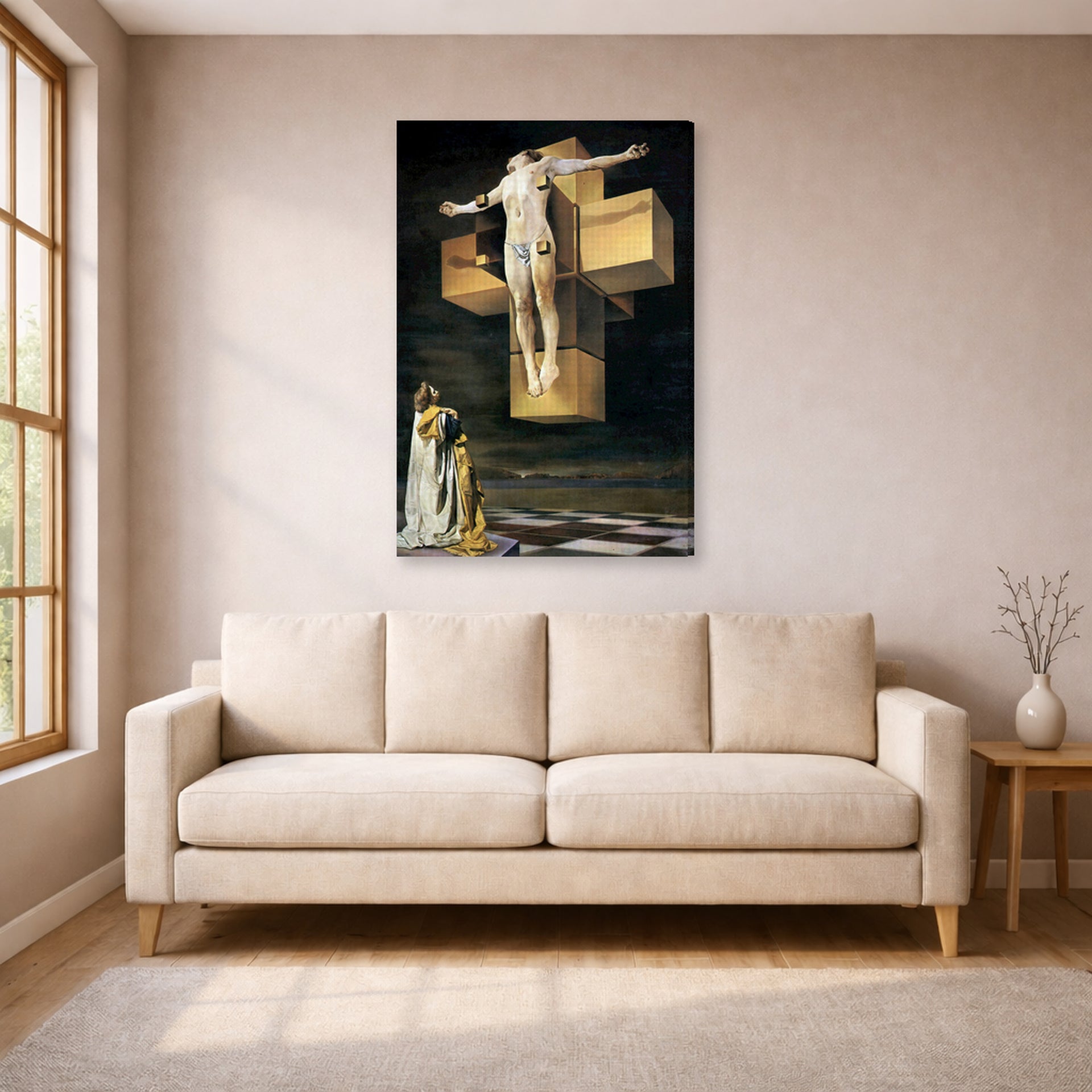 Gallery-wrapped canvas print of Salvador Dali's Crucifixion displayed on a wall in a living room