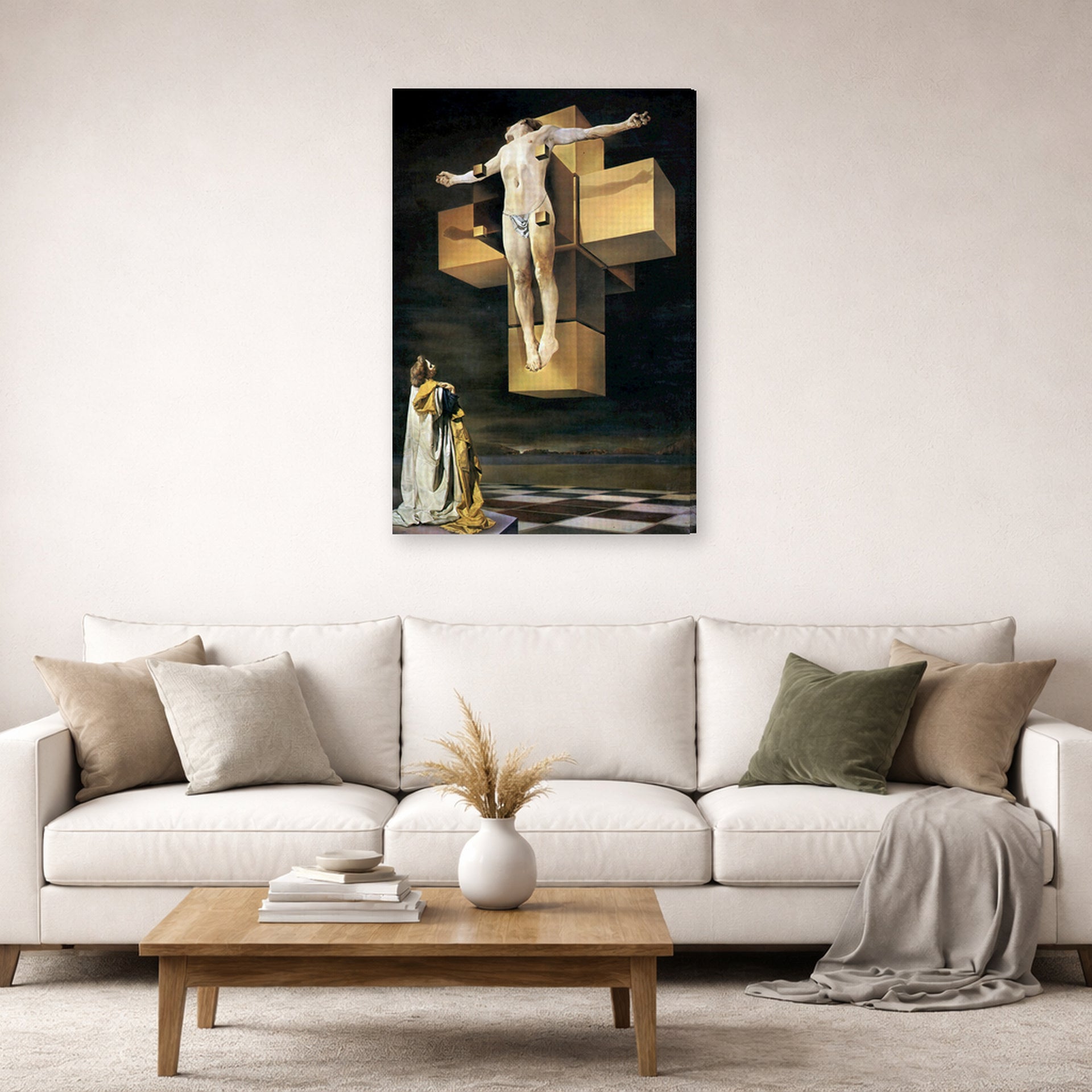 Gallery-wrapped canvas print of Salvador Dali's Crucifixion displayed on a wall in a living room