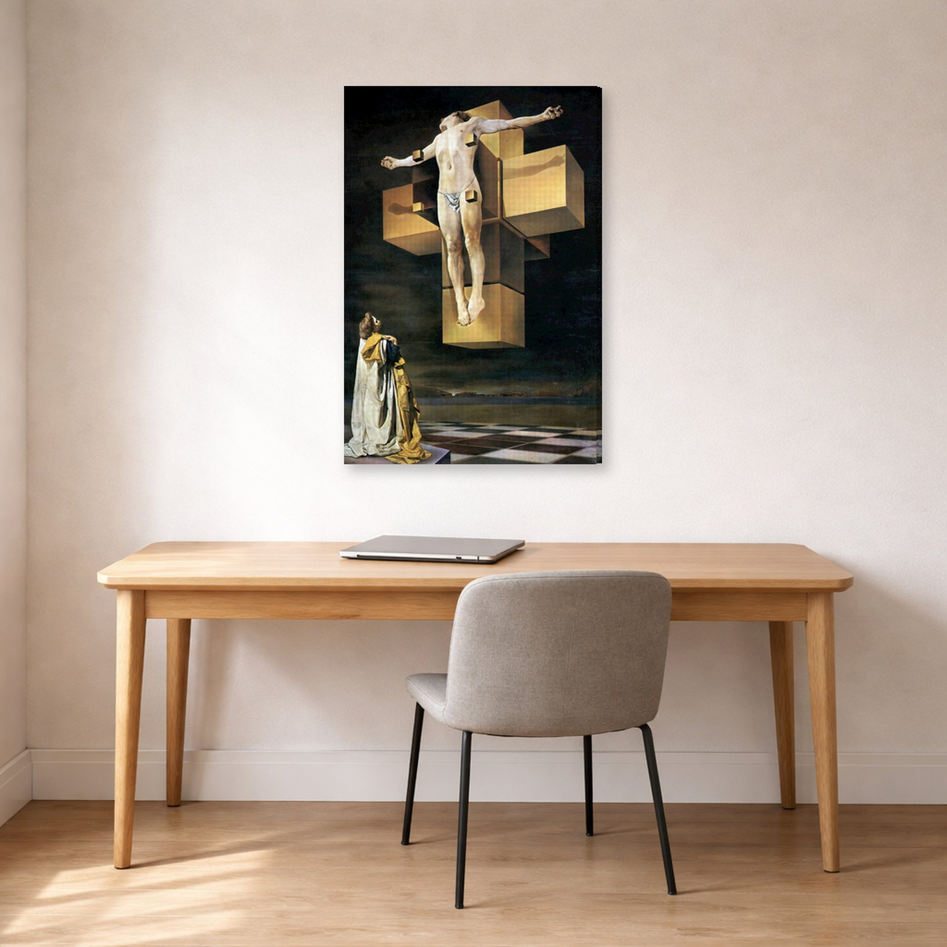 Gallery-wrapped canvas print of Salvador Dali's Crucifixion displayed on a wall in a office