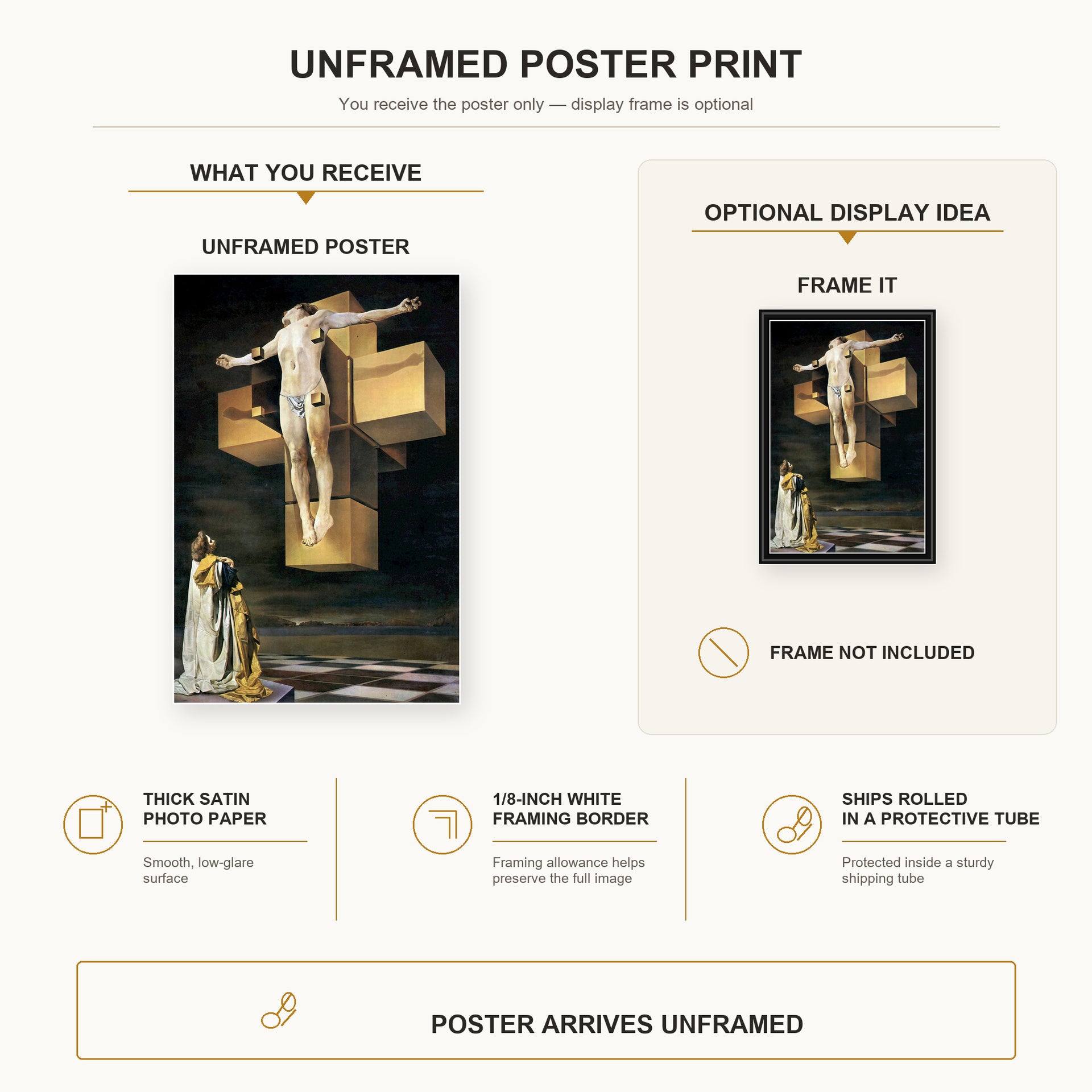 Salvador Dali - Crucifixion poster print size comparison and framing display infographic