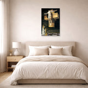 Unframed poster print of Salvador Dali's Crucifixion displayed on a wall in a bedroom