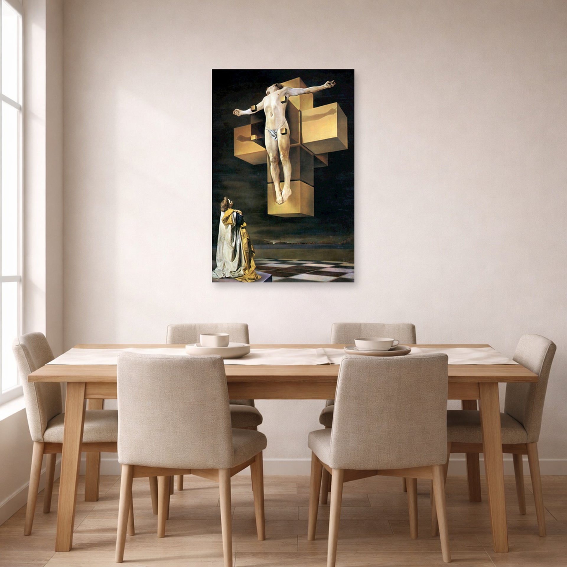 Unframed poster print of Salvador Dali's Crucifixion displayed on a wall in a dining room